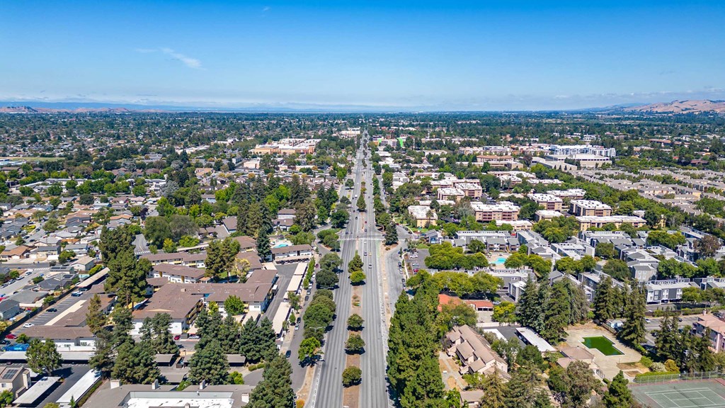 an aerial view of a city with houses and trees