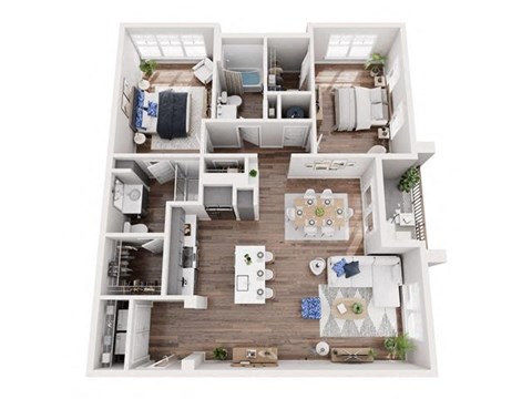 3d floor plan of a home with bedroom and living room