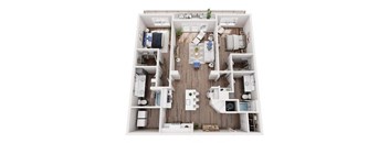 a 2 bedroom floorplan with a wood floor