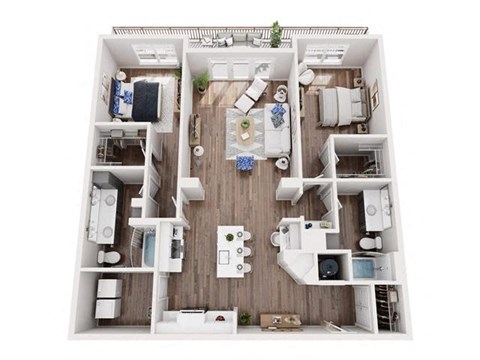 a 2 bedroom floorplan with a wood floor