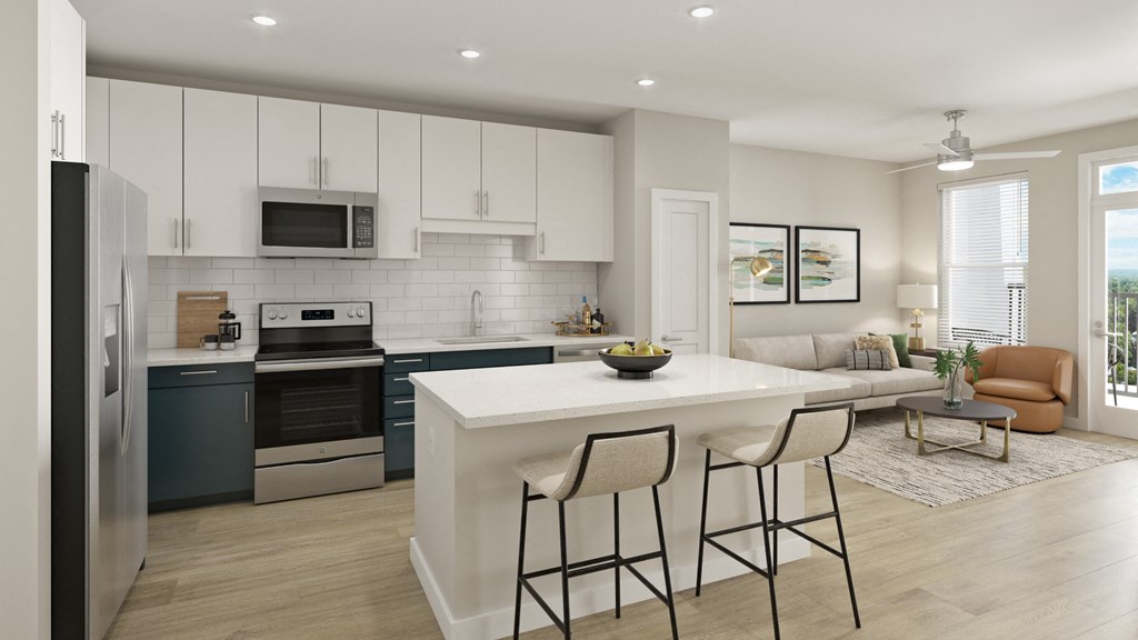 a kitchen and living room with an island and stools