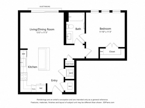 a floor plan of a unit with a bedroom and a living room