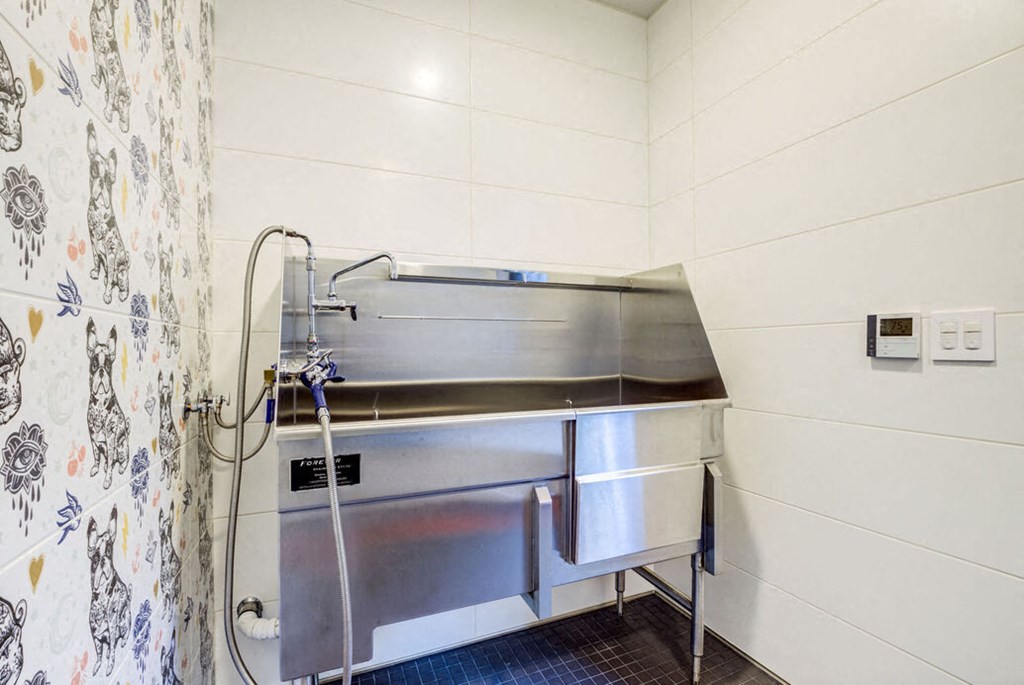 a kitchen with a sink and a shower in a room