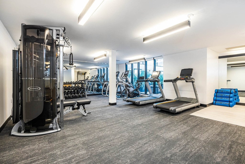 a gym with cardio equipment and weights at the flats