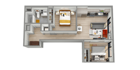 a floor plan of a bedroom with a bed and a bathroom