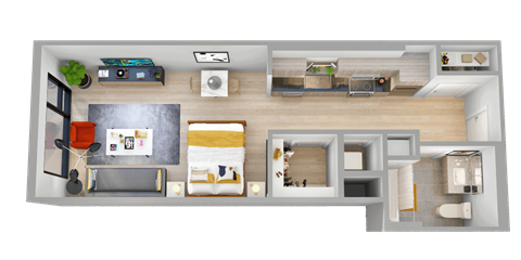 a floor plan of a house with a bedroom and a living room
