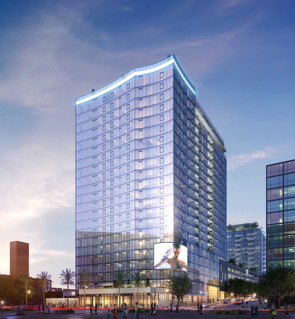 a rendering of a tall building with a blue light on top of it