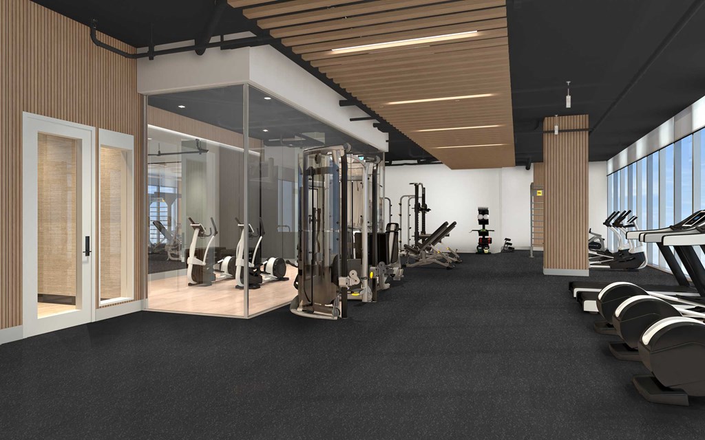 a rendering of a gym with cardio machines and weights