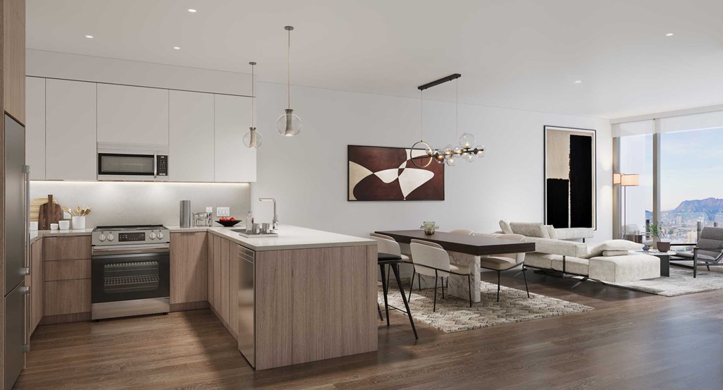 a rendering of a kitchen and living room in an apartment