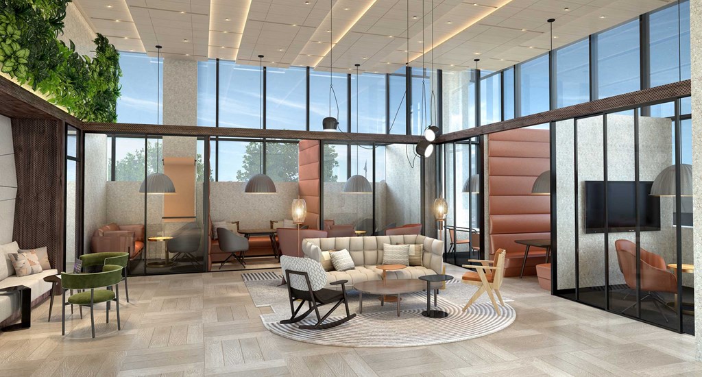 a rendering of a lobby with a couch and a table