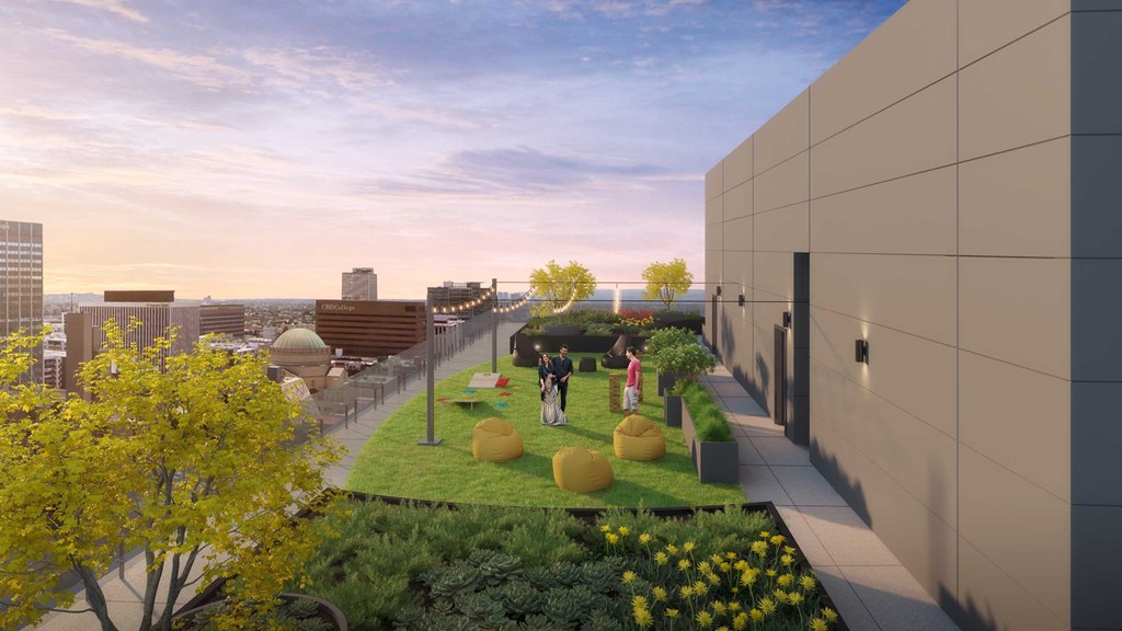 a garden on the roof of a building in the city
