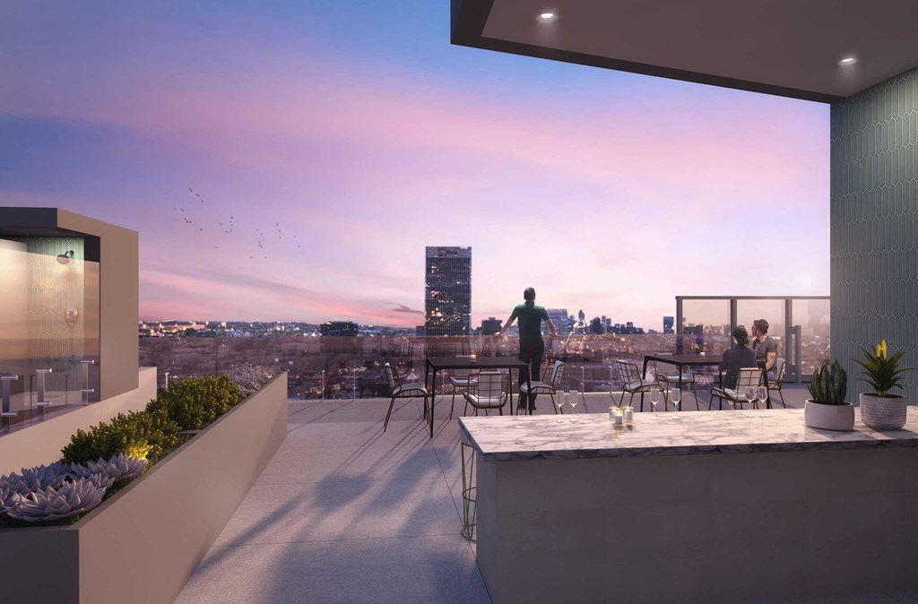 a rendering of a rooftop terrace with a city skyline in the background