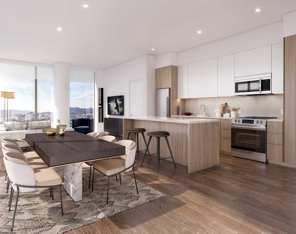 a rendering of a kitchen and dining room in an apartment