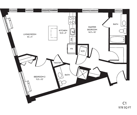 a floor plan of a studio apartment with a bedroom and a living room
