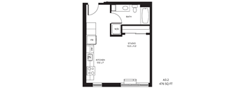 a floor plan of a small studio apartment with a bedroom and a bathroom