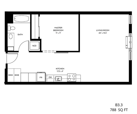 a floor plan of a 1 bedroom floor plan with a bathroom and a living room