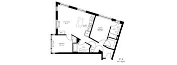 a floor plan of a residence with a bedroom and a living room