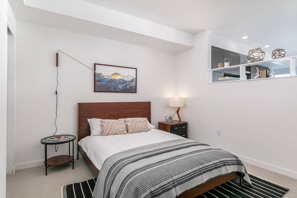 a bedroom with a bed and a black and white rug