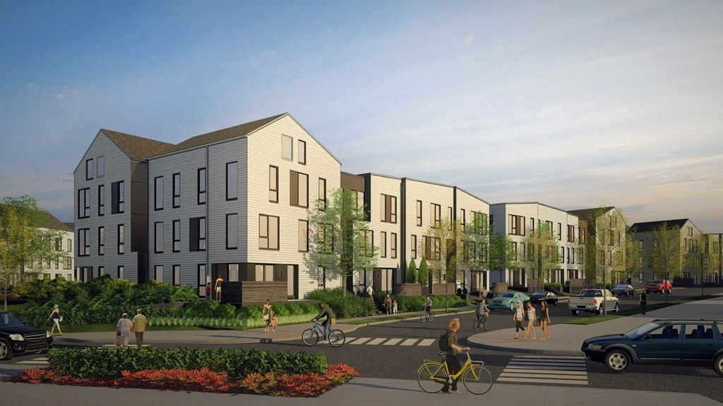 a rendering of apartment buildings on a city street