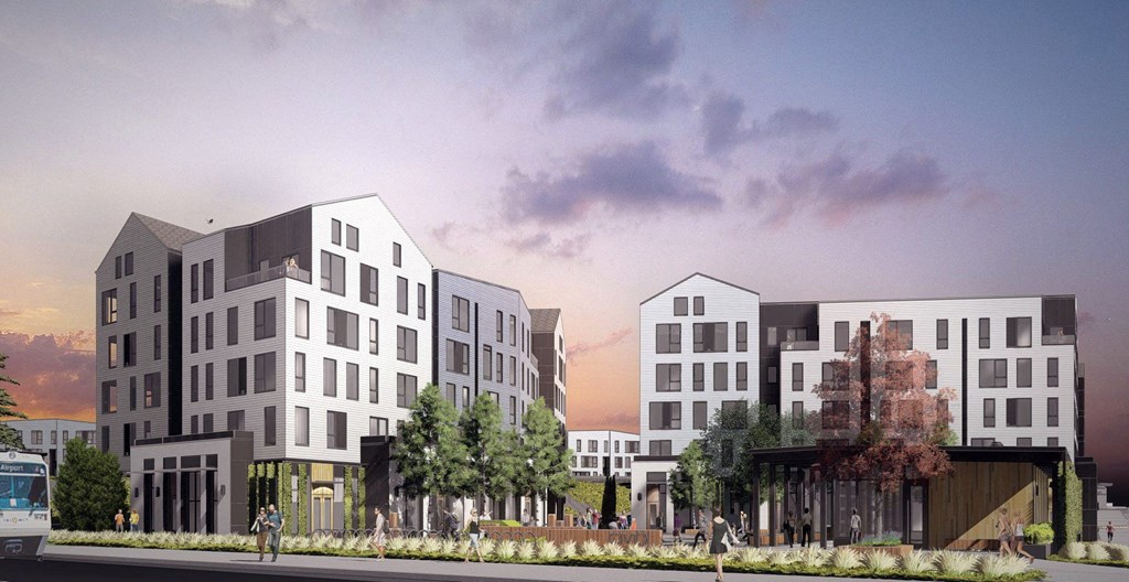 a rendering of a city street with buildings and a bus