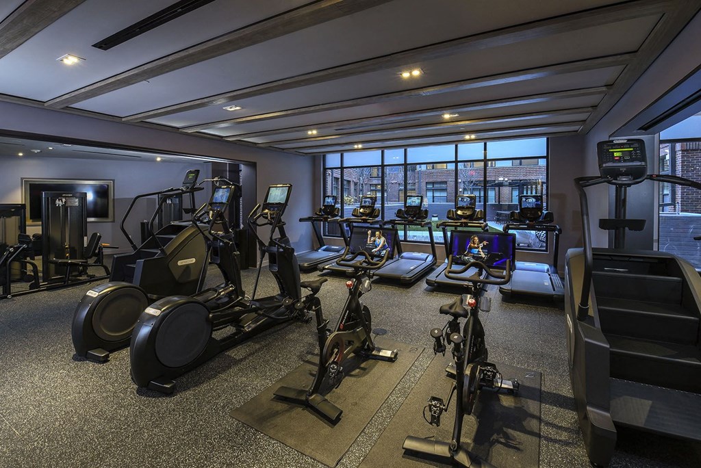 a gym with cardio equipment and a view of the city