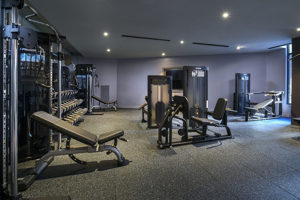 a gym with weights and cardio equipment in a dimly lit room