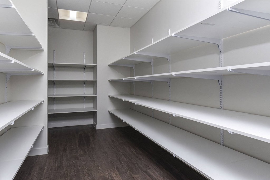 a walk in closet with empty shelves