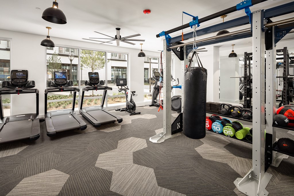 a gym with cardio equipment and weights in a building