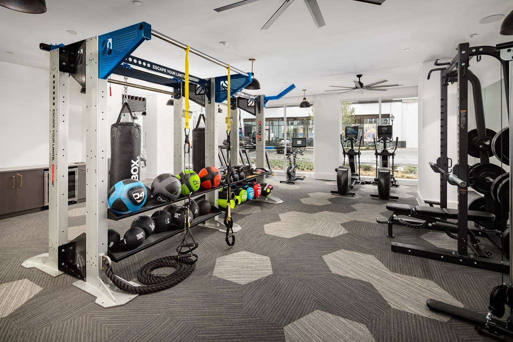 a gym with weights and other gym equipment in a building