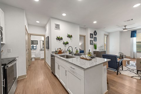 a kitchen with a sink and a counter top in a living room