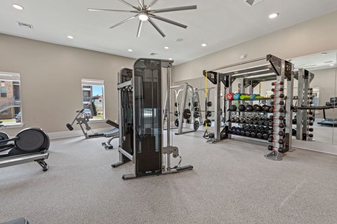 a gym with weights and cardio equipment and a ceiling fan