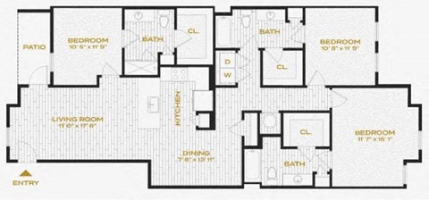 three bedroom floor plan of a home with bedrooms and baths