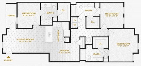 third level floor plan of a bedroom apartment with various amenities