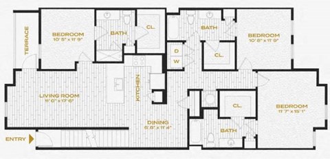 third level floor plan of a bedroom apartment with various amenities