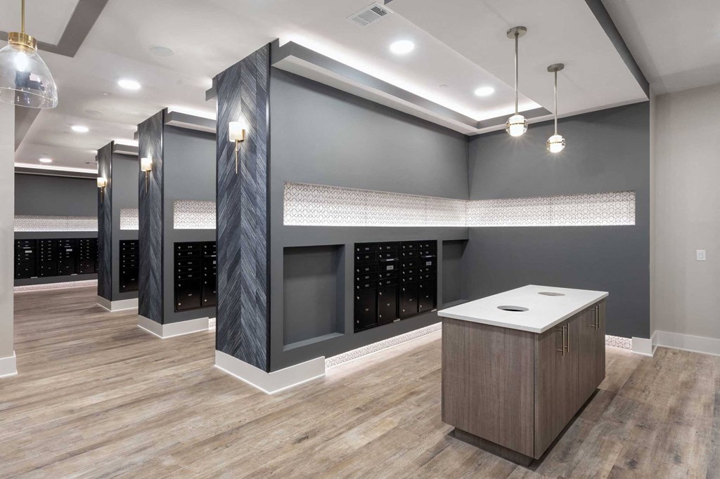 a wine cellar with a counter and a rack of wine bottles