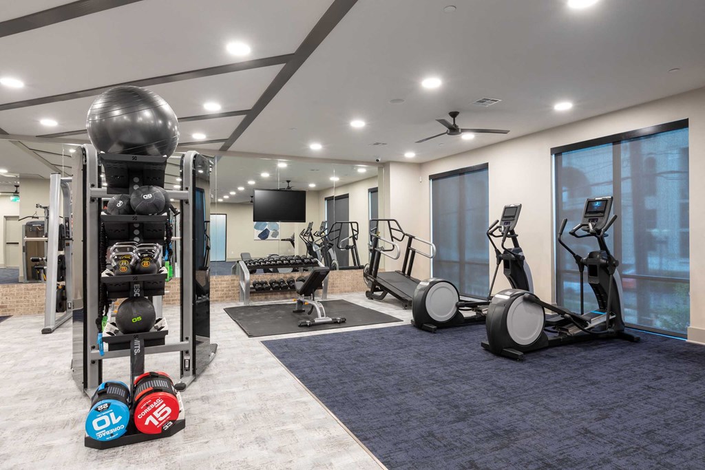 a gym with weights and other exercise equipment on a blue rug
