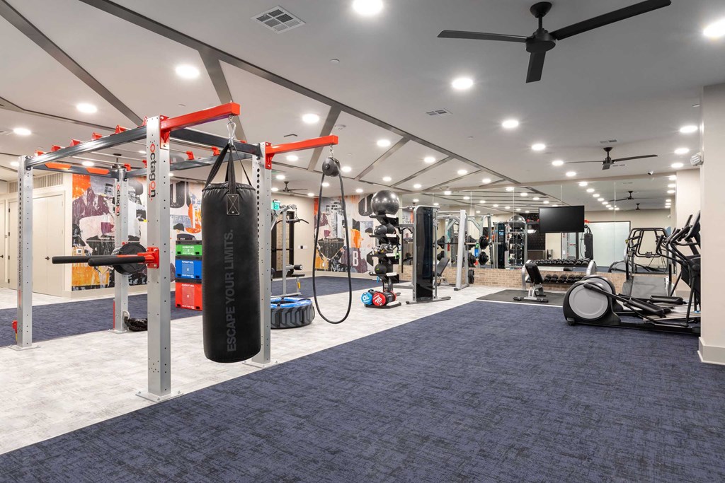 a gym with weights and cardio equipment and a tv in a building