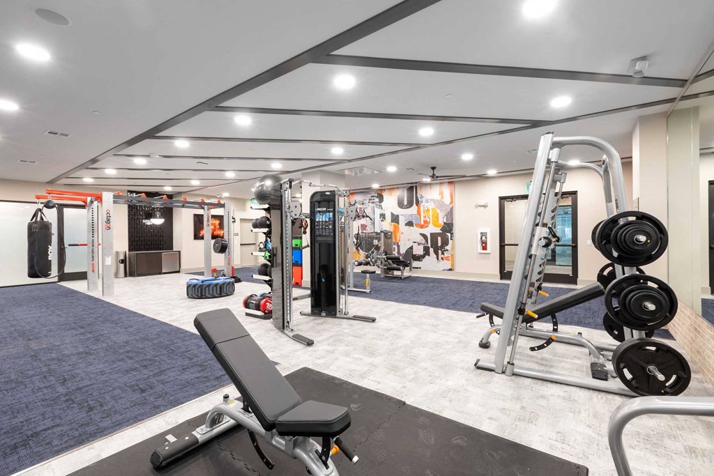a gym with weights and other equipment in a building