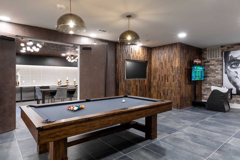 a game room with a pool table and a tv