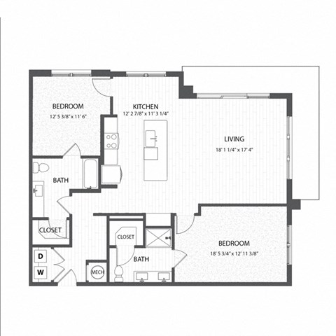 a floor plan of a 1 story apartment with a bedroom and a living room
