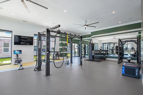 the gym at the flats at big tex apartments