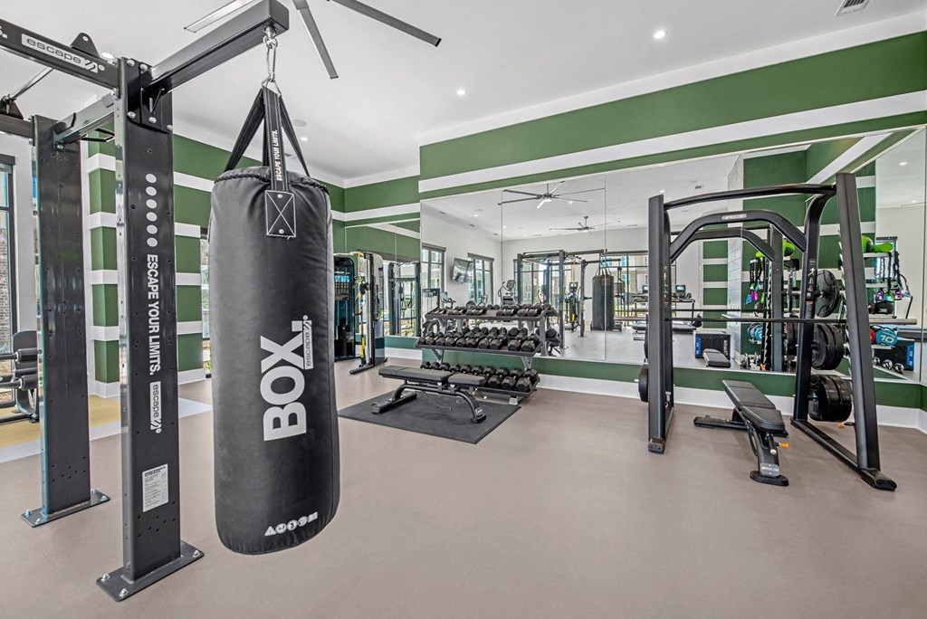 a gym with a punching bag and weights in it