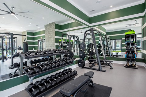 a gym with weights and dumbbells on the floor and green walls