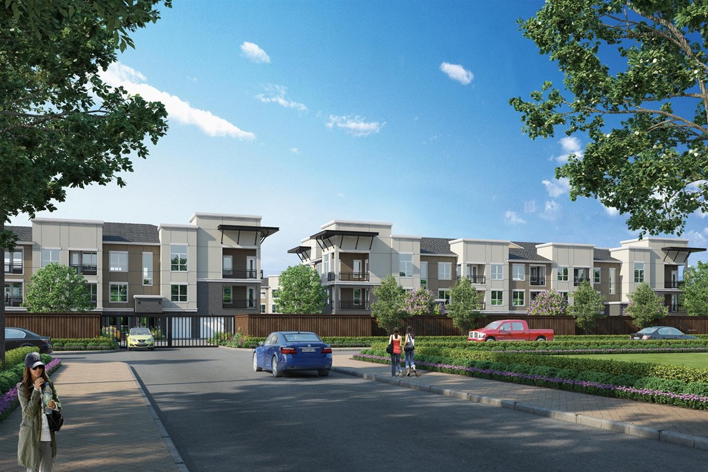 a rendering of a development of townhouses and cars on a street