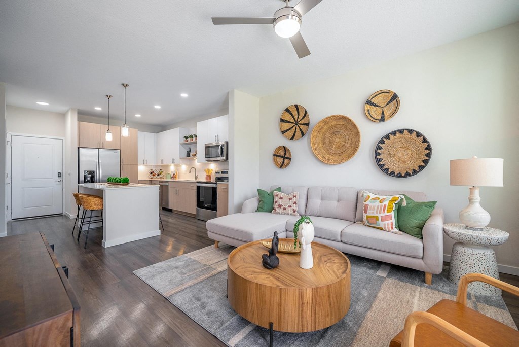 a living room with a couch and a table