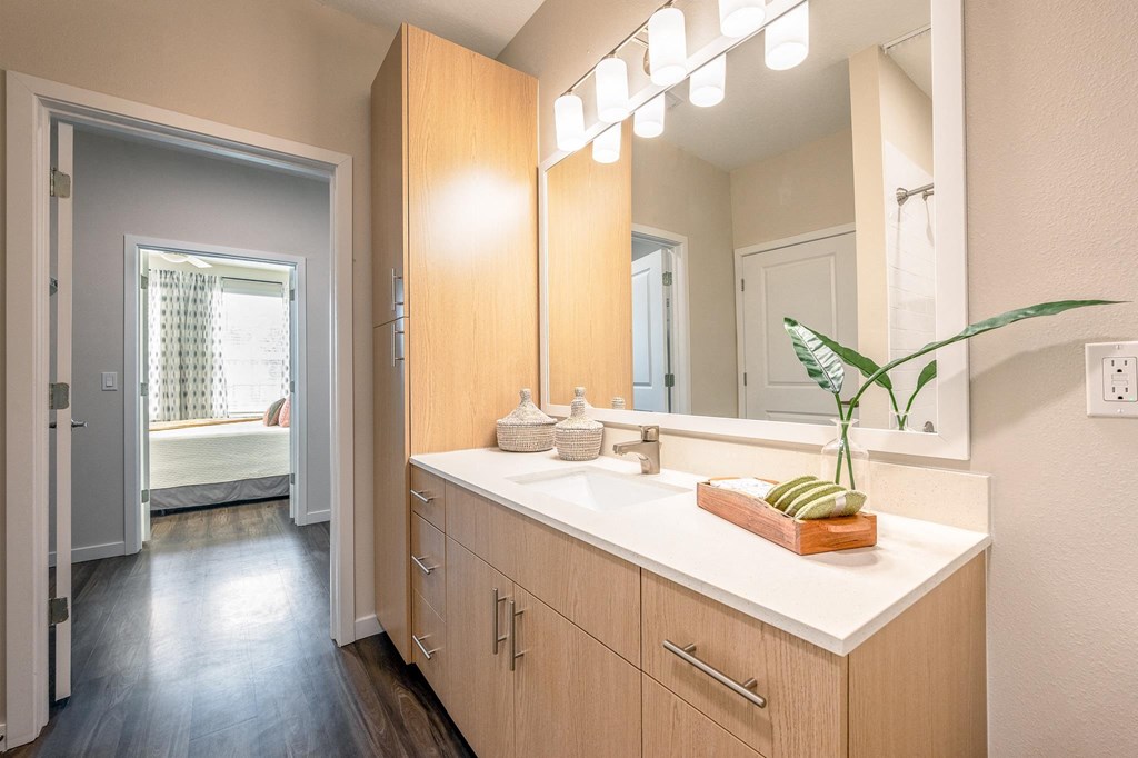 a bathroom with a large mirror and a sink