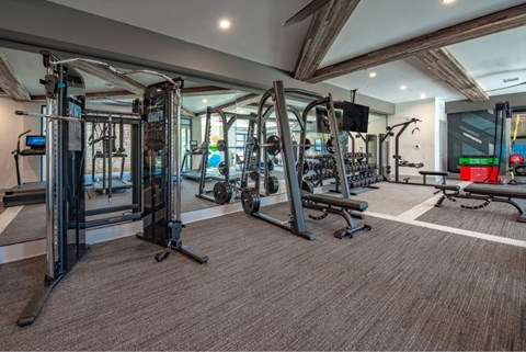 a gym with weights and cardio equipment on the floor and a tv