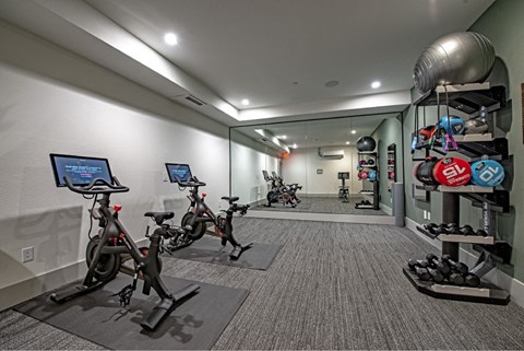 a gym with treadmills and other exercise equipment in a building with glass walls
