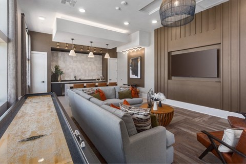 a living room with a gray couch and a television