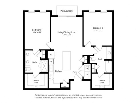 a floor plan of a 2 bedroom apartment with a living room and a dining room